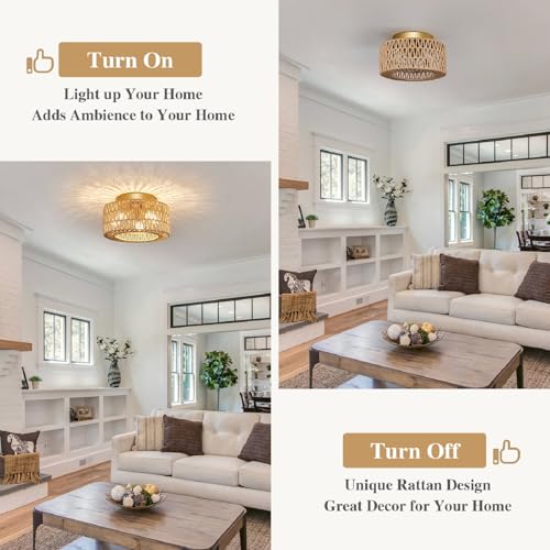 Rattan Light Fixtures Ceiling Mount, 3-Lights Boho Flush Mount Ceiling Light, Hand-Woven Cage Shade Lamp Lighting, Rustic Rattan Chandelier for Hallway Bedroom Kitchen Farmhouse Foyer Entryway (Gold) - color: Gold, size: Small