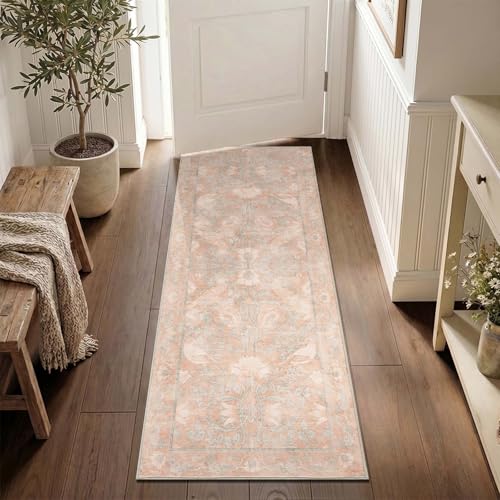 SIRIS 2x5 Washable Runner Rug, Symmetrical Botanical Floral Rug, Vintage Soft Low-Pile Non-Slip Hallway Runner, High-Traffic Floor Mat for Kitchen Entryway Bathroom Vanity Laundry Room, Muted Rose - color: Siris Muted Rose, size: 2' x 5' (Runner)