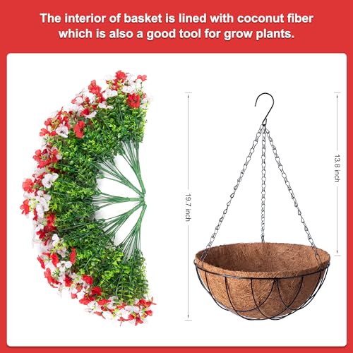 Artificial Silk Flowers Hanging Baskets Outdoors Indoors,Daisy with Eucalyptus Leaves Arrangement for Garden Yard Spring Summer Decor,Faux Green Plant in Metal Coconut Lining Flowerpot(Red and White) - color: Red and White