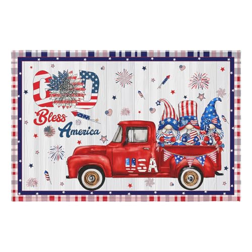 4th of July Area Rug 2x3 Patriotic Truck Gnome Stars Holiday Decorative Entry Rugs Independence Memorial Day Small Non-Slip Low Pile Front Door Mat Indoor Outdoor Entryway Carpet - color: 4th of July Truck Gnome