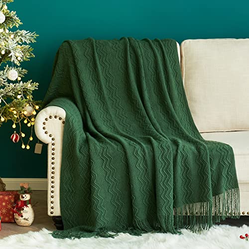 MIULEE Dark Green Knitted Throw Blanket for Couch Boho Textured Cozy Woven Blanket with Tassels for Sofa Chair Bed Living Room Acrylic Wave Pattern 50"x60" - color: Dark Green, size: 50" x 60"