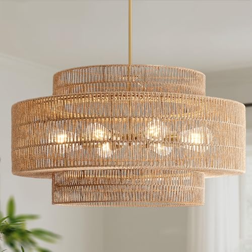 30” Boho Rattan Chandelier Light Fixture, 8-Light Large Hand Woven Pendant Light Fixture Farmhouse Rustic Chandeliers for Dining Room, Kitchen, Bedroom, Living Room, Hallway, Foyer - color: Brown, size: 30” 8-Light