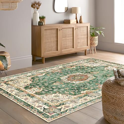 Green Rug 4'x6.5',Washable Area Rugs for Bedroom Living Room Kitchen Entryway Bedside,Small Boho Vintage Bohemian Distressed Oriental Non Slip Carpet,Retro Sage Floral - color: Green, size: 4'x6.5'