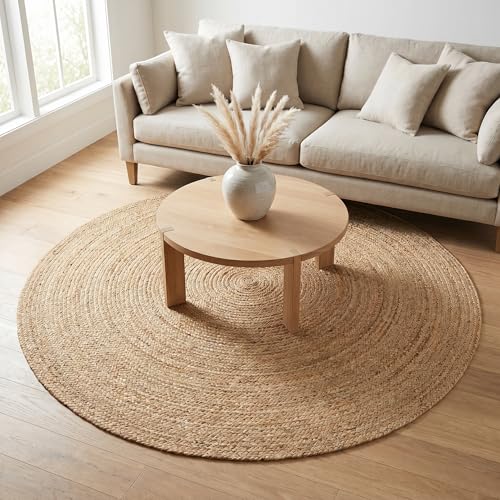 Jute Braided Area Rug, Natural - 6 Feet Round, Boho Neutral Indoor Large Circle Hand Woven Rugs for Living Room, Bedroom, Nursery, Kitchen | Farmhouse Rustic Coastal Patio Floor Mat for Indoor Décor - color: Natural, size: 6' (Round)