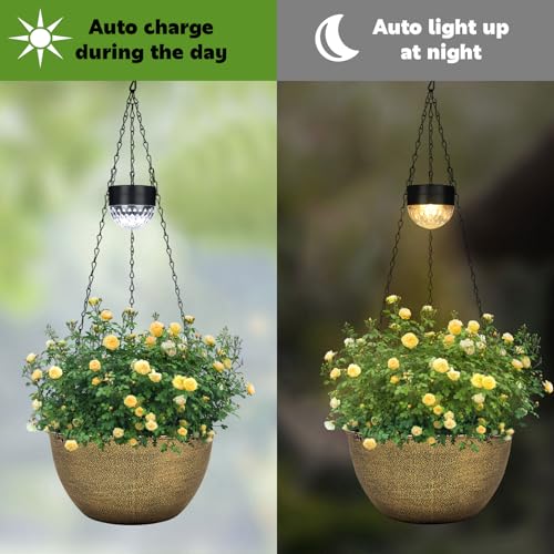 BAYN 2 Packs Solar Hanging Basket Planters for Plants Outdoor, Self Watering Copper Flower Plants Pots with Solar Light Drainer for Balcony Patio Garden Outdoor Decoration - color: Copper