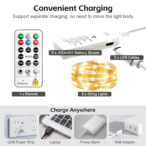 8 Pack Rechargeable LED Fairy Lights 7Ft 20LED Battery Operated with Remote, DIY Timer & 8 Modes, Mini Twinkle String Lights for Indoor Christmas Wedding Mason Jar Bedroom Party Table (White) - color: White