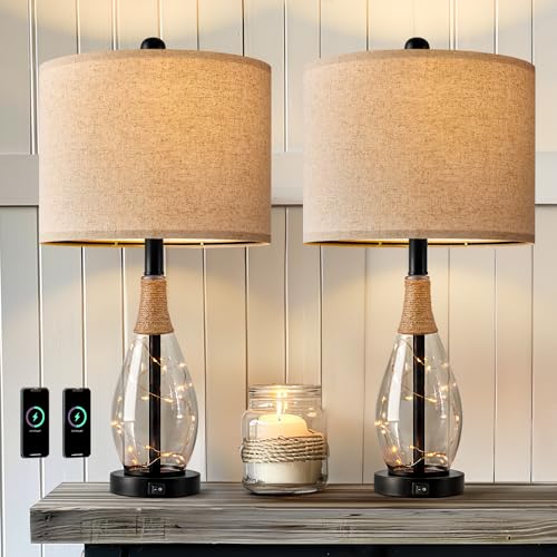 OYEARS 23" Table Lamps for Living Room Set of 2 Bedside Lamps for Night Stands Bedroom Lamps Farmhouse Rattan Boho Lamp Glass Nightlight End Table Lamp with USB C+A (Black),Two Light Points - color: Farmhouse Black