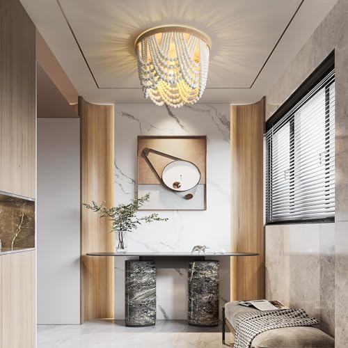 Bohemian Wood Beaded Ceiling Lamp 3-Light – Antique Rustic Mini Chandelier with White Beads for Bedroom, Nursery, Girls' Room, Dining Room, Hallway Entryway - color: White
