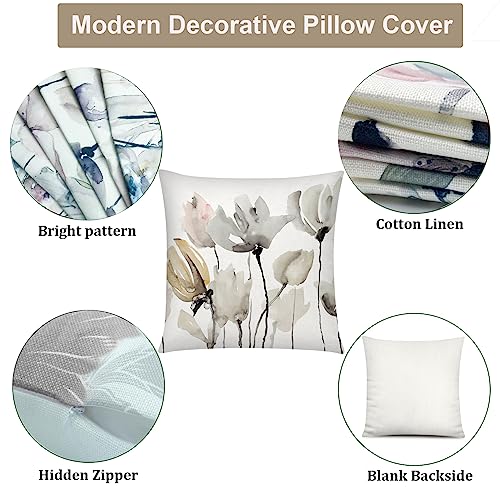 COMMINY Brown White Grey Pillow Covers 16x16 Set of 6, Watercolor Flower Throw Pillow Cover for Couch, Modern Floral Cushion Cover for Sofa Bedroom Living Room Farmhouse Home Decor - color: Modern Flower, size: 16" x 16" (Pack of 6)