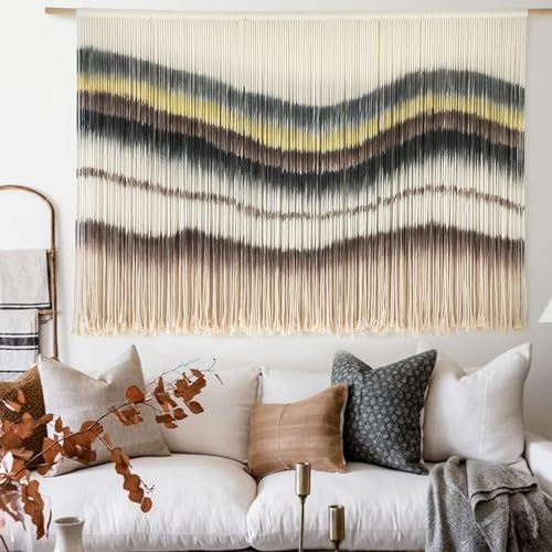 Macrame Wall Hanging Boho Chic Wall Art Macrame Wall Decor Fiber Yarn Tapestry Dip-Dye Living Room Home Bedroom Wall Decor 57" Wx 35" L - color: Coffee Yellow