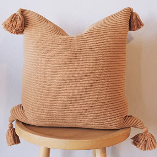 100% Soft Cotton Boho Throw Pillow Cover Ribbed Knit Texture with Handmade Tassels Cozy Decorative Accent (20x20, Baked Clay, Baked Terracotta) - color: Baked Clay, size: 20" x 20" (Pack of 1)