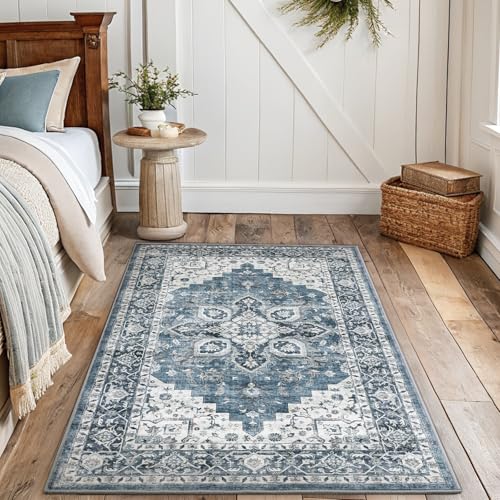 AMADA HOMEFURNISHING 3x5 Washable Area Rug, Low-Profile Entryway Rug with Non-Slip Backing & Durable Edge Binding, Vintage Rugs for Bedroom, Entryway & Kitchen - color: Blue, size: 3' x 5' (Rectangular)