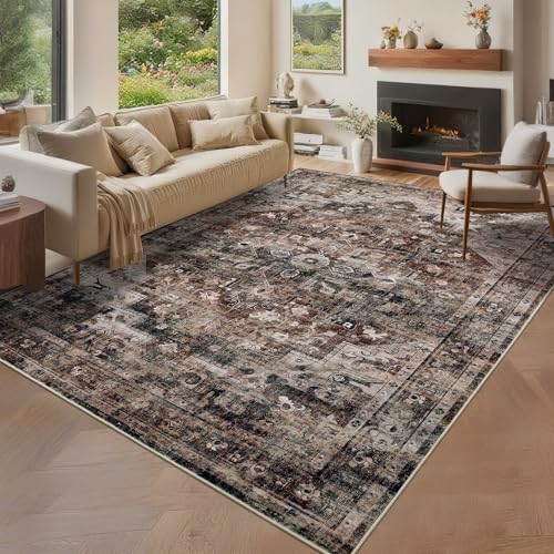 GarveeHome 9x12 Washable Rugs for Living Room Vintage Area Rug Non Slip Low Pile Distressed Rug Stain Resistant Large Bedroom Carpet Indoor Floor Cover for Dining Room Home Office Brown - color: Brown, size: 9' x 12' (Rectangular)