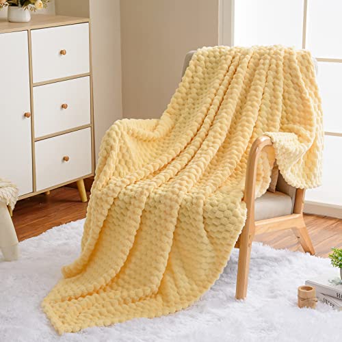 Vessia Flannel Fleece Throw Blanket(50x70 inch), 3D Jacquard Light Yellow Fuzzy and Warm Blanket for Couch,Sofa,Bed,Chair, 300GSM Super Soft Touch Cozy Lightweight Throw for All-Season Home Decor - color: Light Yellow-3d, size: 50x70 inch