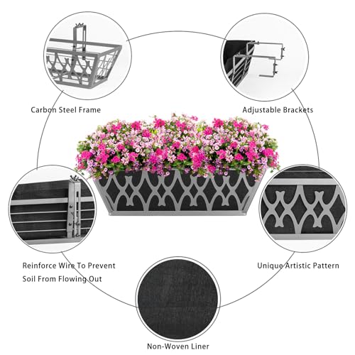 4 Pack 16 Inch Window Boxes Planters Railing Planter Box with Adjustable Brackets & Non-Woven Fabric Plant Grow Bags Deck Railing Planter Boxes Balcony Hanging Flower Box for Outdoor Plants - color: 4 Pack-grey, size: 16 Inch