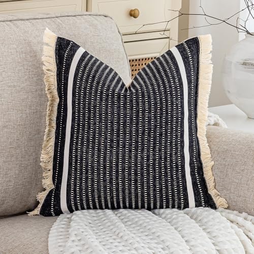 CARRIE HOME Modern Farmhouse Black and White Striped Pillow Cover 18x18 with Tassels 1 Pack, Black Throw Pillows for Couch Room Decor, Black Boho Decorative Cotton Woven Accent Pillow Covers 18 x 18 - color: Black (With Tassels), size: 18" x 18" (Pack of