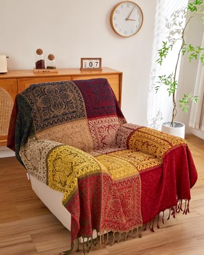 AIVIA Boho Couch Sofa Slipcover Throw Blanket, 2024 Ideal Gifts for Christmas Bohemian Gift for Mom Dad Women Grandma Wife Daughter Sister (87" x 103") - color: Red Yellow Navy Green, size: 87" x 103"