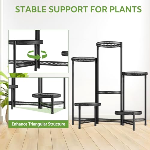 iDavosic.ly 6 Tier Large Plant Stand Indoor with 10-Inch Wide Drainage Tray, Tiered Corner Metal Outdoor Flower Display Holder Shelf, Folding Tall Rack for Patio Porch Balcony, Black Iron Carving - color: Black Openwork (with Drainage), size: 6 Tiers