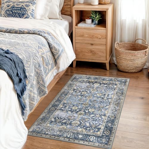 KUTA Vintage 2x3 Rugs for Entryway, Non-Slip Washable Area Rug & Indoor Door Mat with Floral Print, Blue Grey Beige Ultra Thin Soft Low-Pile Throw Rug for Kitchen Front Door, Bedside, Small Spaces - color: Blue Grey Beige, size: 2' x 3' (Rectangular)
