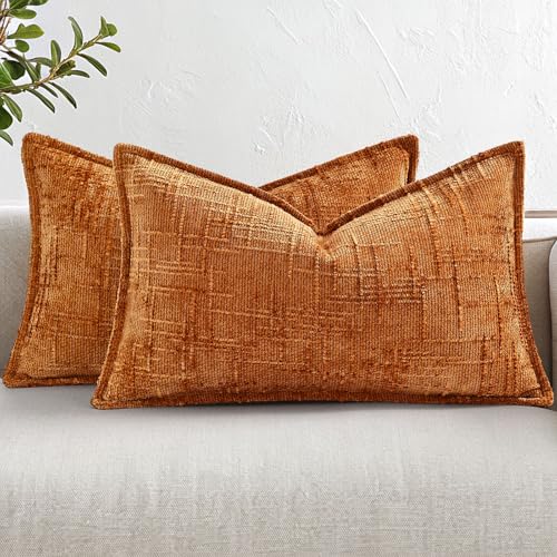 decorUhome Chenille Fall Throw Pillow Covers 12X20 Set of 2, Soft Textured Slubby Modern Decorative Pillow Covers with Elegant Design for Couch, Sofa, Living Room, Burnt Orange - color: Burnt Orange, size: 20" x 12" (Pack of 2)