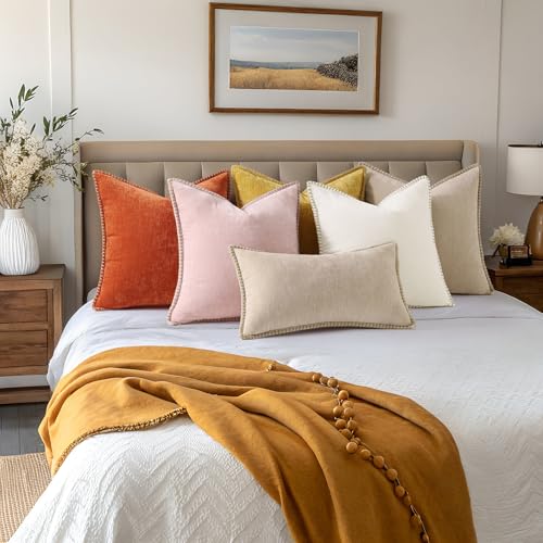 decorUhome Summer Chenille Soft Cozy Throw Pillow Covers 12x12 Set of 2, Modern Farmhouse Boho Velvet Decorative Pillow Cases with Stitched Edge for Couch Sofa Bed Home Decor, Beige - color: Beige, size: 12" x 12" (Pack of 2)