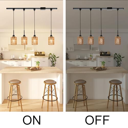MELUCEE 4 Packs H-Type Track Hanging Light Black Ceiling Track Lighting Fixtures Rattan Pendant Light for Kitchen Island Dining Room Restaurant, Compatible with H Type Track Lighting Rail, E26 Socket