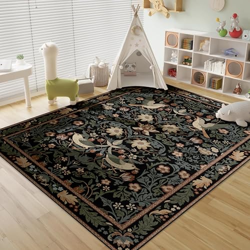 5'x7' Area Rugs Washable,Boho Rug for Living Room Bedroom,Large Farmhouse Botanical Bohemian Distressed Oriental Carpet Non Slip,Black Floral Bird - color: Black Floral Bird, size: 5'x7'