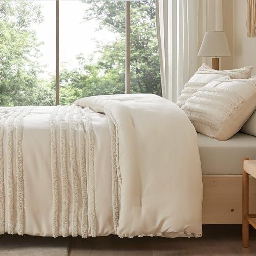 BEDELITE Boho Twin/Twin XL Comforter Set，Beige Tufted Striped Bed Set 2 Pieces, Soft Vintage Farmhouse Comforter for College, Boho Home Dorm Decor, Fluffy Jacquard Bedding with 1 Pillow Sham - color: Beige, size: Twin/Twin XL