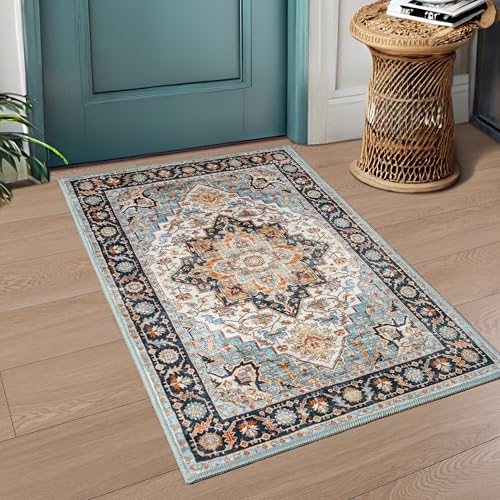 Foxmas Small Rugs for Entryway 2x3 Feet, Non-Slip Doormat Indoor Entrance Vintage Washable Area Rug, Low Pile Throw Rugs for Entryway Bedroom Kitchen Living Room, Wood & Blue - color: Wood & Blue, size: 2' X 3' (Rectangular)