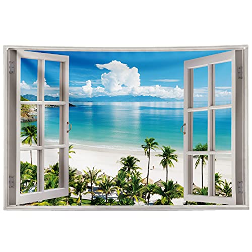 GOURIDA Ocean Beach Tapestry Wall Hanging Blue Sea Tropic Island Paradise Summer Coconut Tree Palm Seaside Window Nature for Bedroom Aesthetic ,61 W x 41 H inch