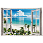 GOURIDA Ocean Beach Tapestry Wall Hanging Blue Sea Tropic Island Paradise Summer Coconut Tree Palm Seaside Window Nature for Bedroom Aesthetic ,61 W x 41 H inch