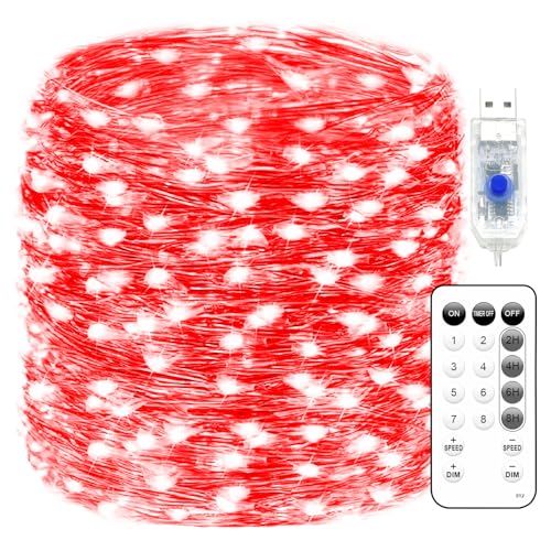 Fairy Lights 66ft 200 LED USB Twinkle String Lights Plug in Silver Wire Lights with Remote and Timer 8 Modes Outdoor Waterproof Starry Lights DIY Party Wedding Christmas Decoration（Red） - color: Red