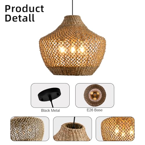 3-Lights Rattan Pendant Light,Boho Rattan Hand-Woven Hanging Light Fixture, Natural Seagrass Weaving Ceiling Chandelier for Kitchen Island Dining Living Bedroom Entry - color: Brown rattan, size: 3-light 18.9in