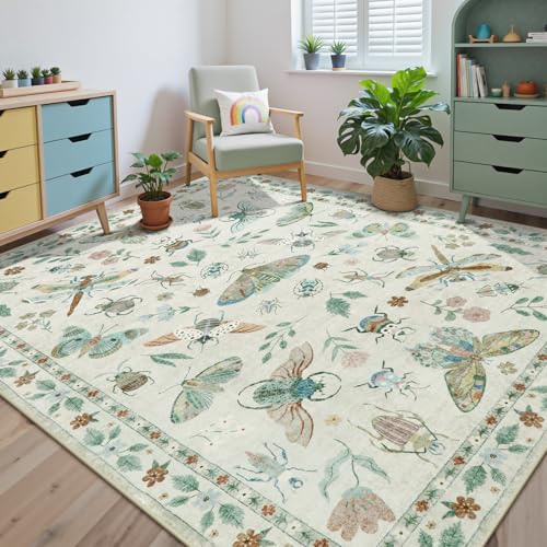 Beeiva Insect Print Washable Rugs 5x7 for Bedroom - Boho Living Room Rugs for Playroom Nursery, Soft Ultra-Thin Stain Resistant Large Accent Carpet for Office Dining Room Vintage Decor(5'x7',Beige) - color: Beige, size: 5' x 7' (Rectangular)