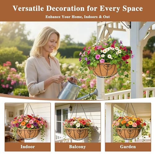 4 Pack Hanging Planter for Outdoor Plants 14 inch Metal Hanging Flower Basket with Coco Coir Liner Round Wire Plant Holder Chain Flower Pots Outdoor Garden Decoration Watering Hanging Baskets（AX） - size: 14" x 4 Pack, style: Heart-shaped