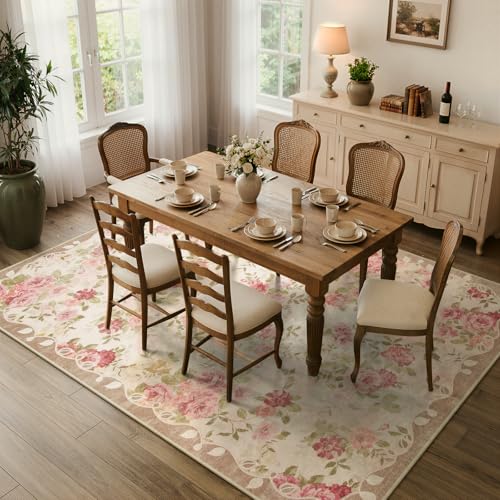 Lahome Floral Washable Rugs 5x7,Rugs for Living Room Pink Area Rug,Vintage Rugs for Bedroom Girls Non Slip Low Pile Ultra-Thin Large Carpet for Office Dining Room,Kids Playroom Nina (5'X7',Beige) - color: Beige, size: 5' X 7' (Rectangular)