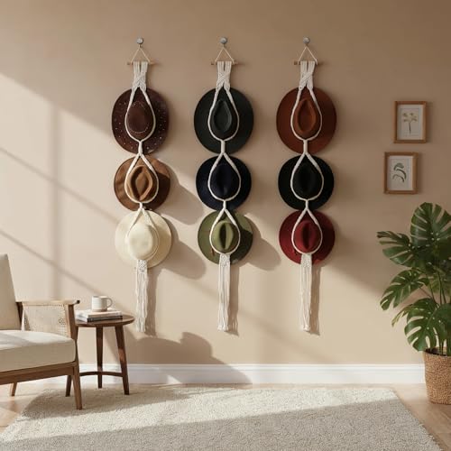 3 PCS Macrame Hat Hangers for Wall, Bohemian Hand Weaving Boho Hat Rack Organizer for Cowboy, Wide Brim, Bowler & Fedora Hats, Decorative Western Door & Wall Hanging Display (3 Hats Style)