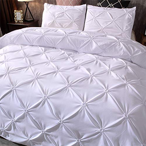 Feelyou Queen Duvet Cover Set Pinch Pleated Bedding Sets Pintuck Tufted Microfiber Polyester Luxury Comforter Cover with 2 Pillow Shams White, Solid Geometric Pattern 3 Pieces - color: White, size: Queen