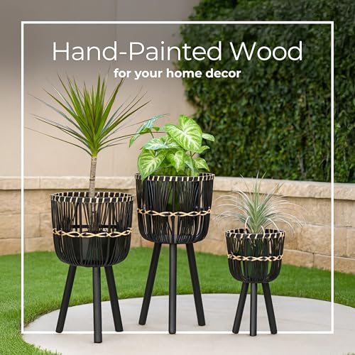 Set of 3 Woven Basket Decorative Planter Pot – Bamboo & Pine Wood Outdoor & Indoor Plant Pot – Modern Boho Garden and Home Decor Planters – 19", 23", & 26", Black - color: Woven Black/Natural, size: 26" H