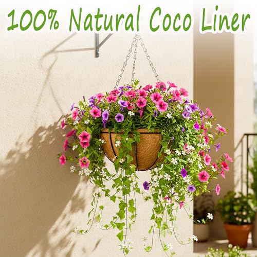 2 Pack Hanging Planters 12 Inch Metal Hanging Planter Basket Flower Pots with Coco Coir Liners Round Wire Plant Holder for Indoor Outdoor Patio Porch Garden Railings Decoration - color: Watermelon