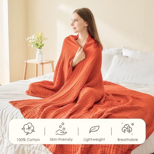 EMME Cotton Muslin Large Throw Blanket Couch Breathable Gauze Soft Lightweight Bed Blankets Adults (Heather Orange Rust, 50"x70") - color: 13 - Orange Rust, size: Large Throw (50" X 70")
