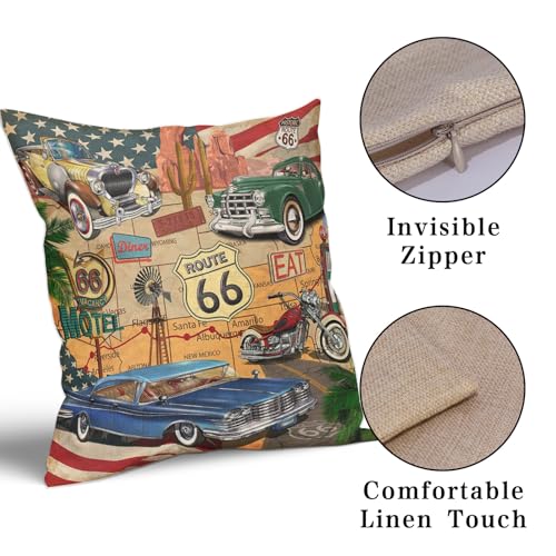 Antique Car Pillow Covers 18x18 Inch Set of 2 Classic Old Car Cotton Linen Decorative Throw Pillow Case Route 66 Motorcycle Cushion Cover for Bedroom Sofa Living Room Chair Home Decor - color: Antique Car, size: 18" x 18" (Pack of 2)