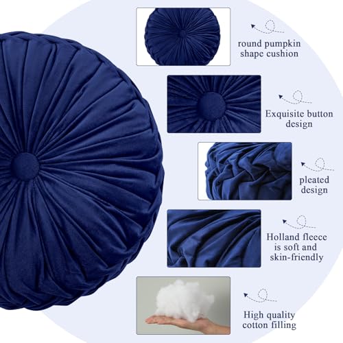 Drydiet 1 Pcs Round Throw Velvet Pillows Decorative Pleated Throw Pillows Diameter Accent Pumpkin Boho Chair Cushion for Couch Sofa Home Decoration (Navy Blue,15'') - color: Navy Blue, size: 15''