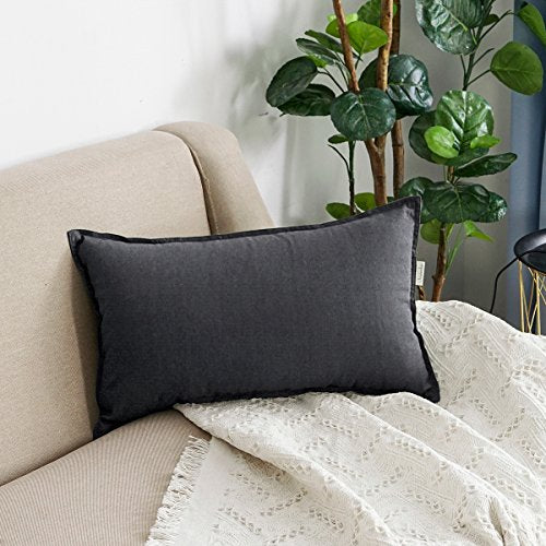 Jeanerlor Natural Cotton Linen Decorative Lumbar Throw Pillow Case Dark Grey Cushion Cover with Twin Needles Stitch on Edge,for Office/Coffee Shop 12"x20" 2 pack - color: Dark Grey, size: 20" x 12" (Pack of 2)