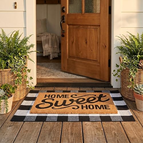Home Sweet Home Doormat Set, 2-Piece Layered Front Porch Mat Combo, Natural Coir Welcome Mat with Black and White Buffalo Plaid Rug, Farmhouse Outdoor Entryway Decor for Porch, Patio, Home
