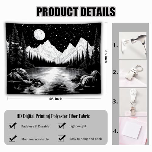 keowhsf Starry Night Mountain Lake Tapestry Black and White Tapestries Aesthetic Moon and Stars Wall Hanging Dark Nature Forest Tapestry for Bedroom Living Room Dorm Decor - color: StarryNight2, size: 48"L x 36"W