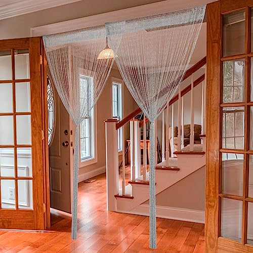 Hysenm 2 Pack 39 x 79 Inch Beaded String Door Curtain, Hippie Room Decor Beaded Curtains for Doorway, Closet Curtains, Room Divider Privacy Decor, Boho Home Decoration for Bedroom, Party, Silver - color: Silver