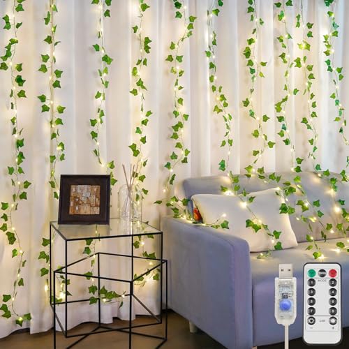 suddus Vines with Lights for Bedroom, 150 LED Fairy Lights with Vines, Ivy Curtain Lights for Bedroom, Dorm, Wedding, Party, Wall, Indoor, Outdoor Decor, 6.5ft x 4.9ft - color: Ivy, size: USB-150Led