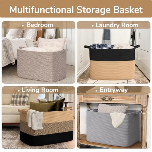 Goodpick 105L Extra Large Woven Blanket Basket Cotton Rope Storage Baskets for Organizing, Kids Toy Storage Organizer for Living Room Nursery, 25"x16"x16", Black & Jute - color: Black Camel, size: XX-Large(25"L x 16"W x 16"H)