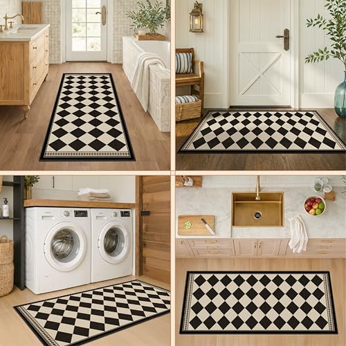 Black and White Checkered 2x5 Easy Jute Laundry Room Rug Runner, Laundry Floor Mat, Washable Non Slip Diamond Boho Carpet for Entryway, Bathroom, Kitchen, Checkerboard Modern Farmhouse Mat - color: Black White, size: 2' x 5' (Runner)